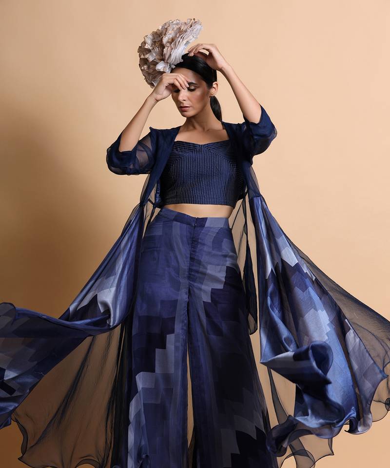 Navy Blue Abstract Pant Set With Cape