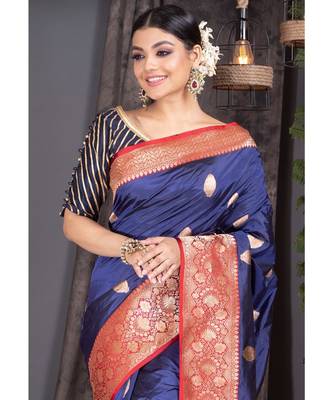 navy blue pure katan silk saree with red and golden border pallu 2