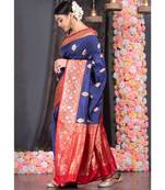 navy blue pure katan silk saree with red and golden border pallu