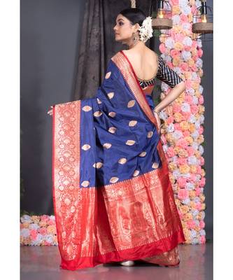 navy blue pure katan silk saree with red and golden border pallu 3