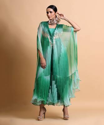 Green Leheriya Cape Embroidered Dress 1
