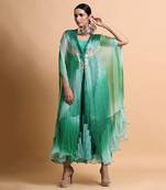 Green Leheriya Cape Embroidered Dress