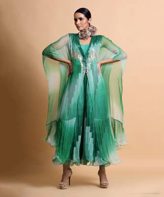 Green Leheriya Cape Embroidered Dress 2