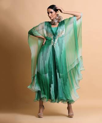 Green Leheriya Cape Embroidered Dress 3