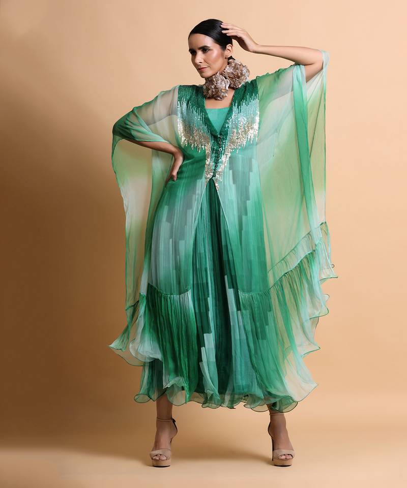 Green Leheriya Cape Embroidered Dress