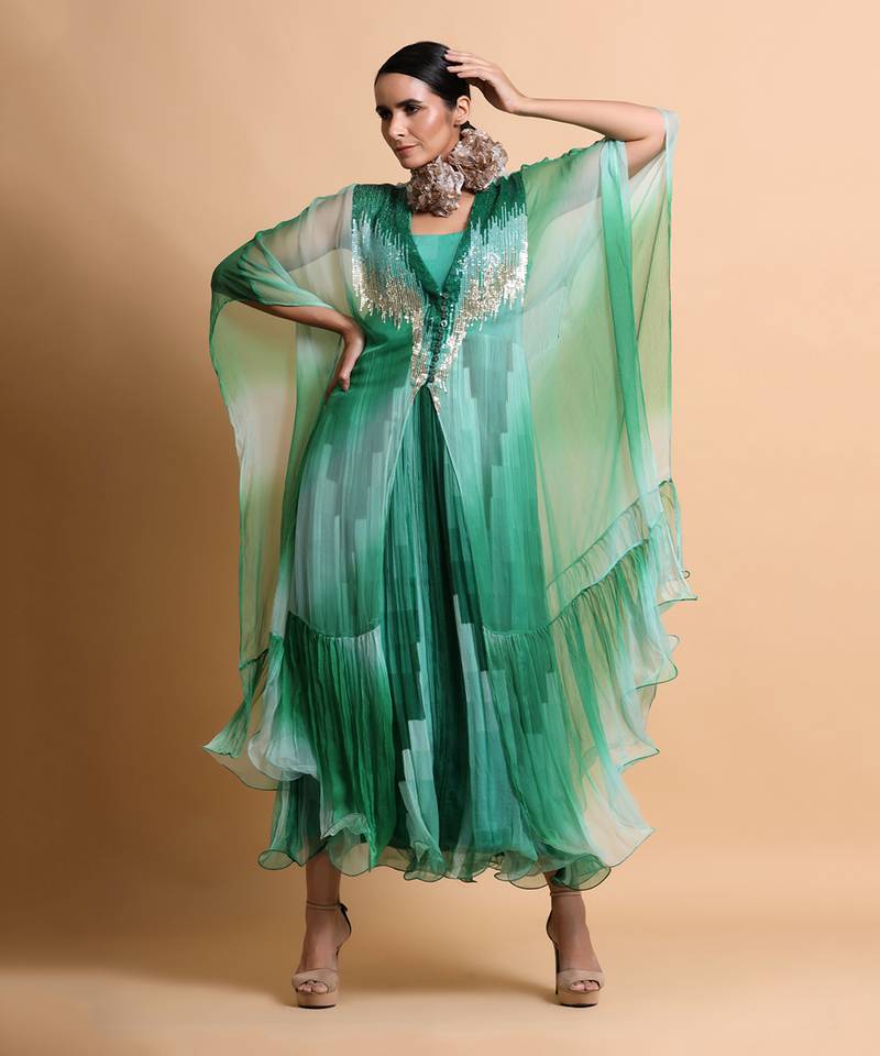 Green Leheriya Cape Embroidered Cape