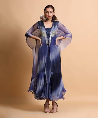 Navy Blue Leheriya Cape Embroidered Dress With Cape 1