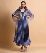 Navy Blue Leheriya Cape Embroidered Dress With Cape