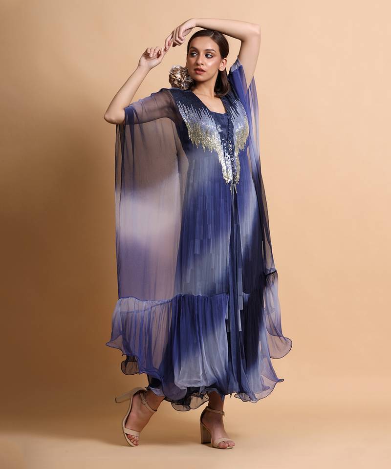 Navy Blue Leheriya Cape Embroidered Dress With Cape