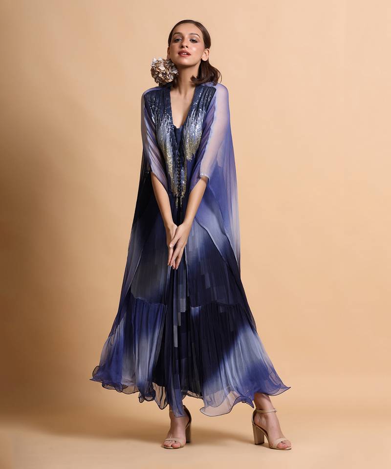 Navy Blue Leheriya Cape Embroidered Dress With Cape