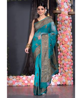 dark teal silk organza saree with antique zari border pallu 1
