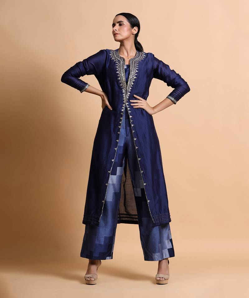 Navy Blue Embroidered Top And Pant