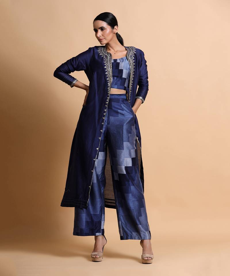 Navy Blue Embroidered Top And Pant