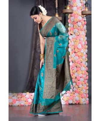 dark teal silk organza saree with antique zari border pallu 2