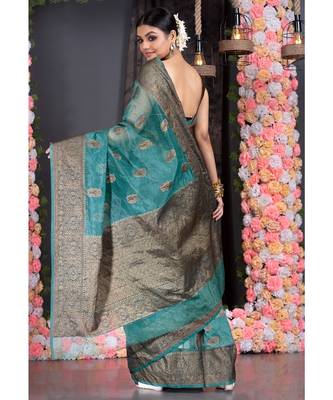 dark teal silk organza saree with antique zari border pallu 3