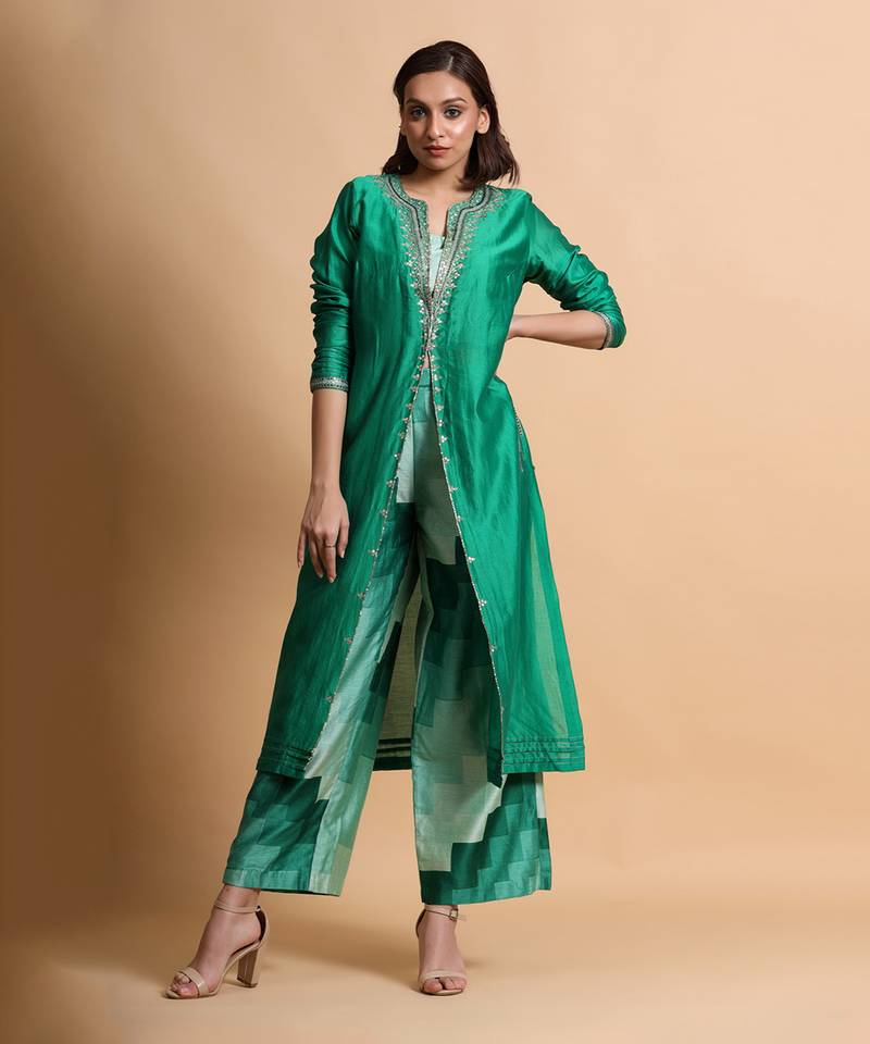 Green Embroidered Top And Pant 