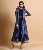 Navy Blue Chiffon Midi Dress With Cape