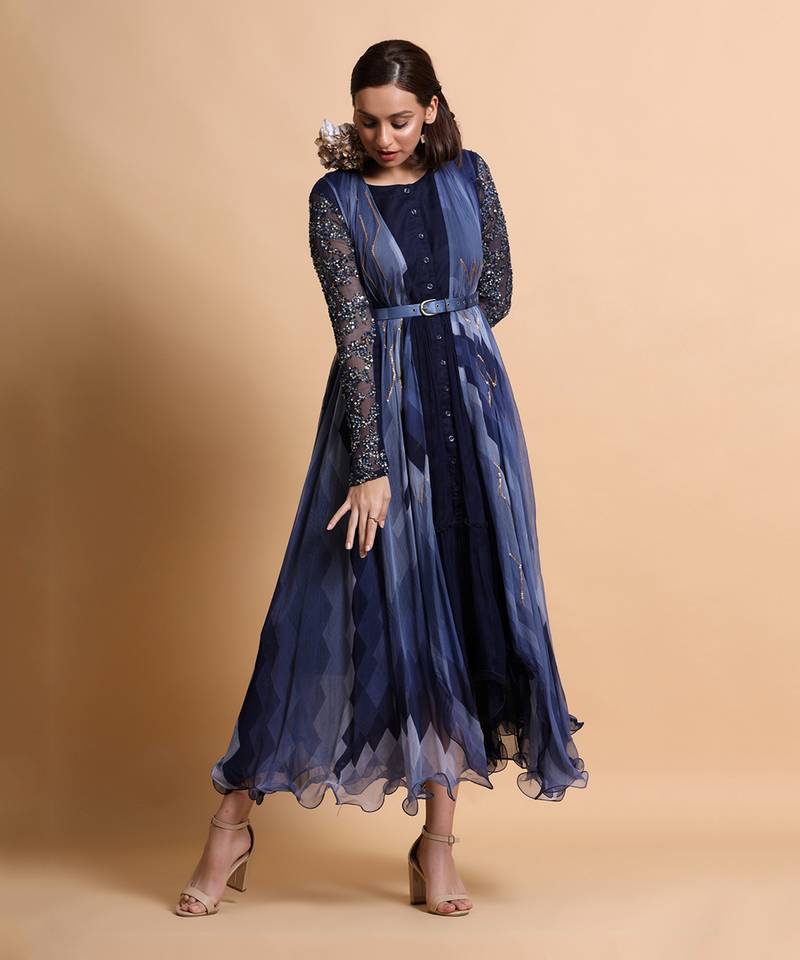 Navy Blue Chiffon Midi Dress With Cape