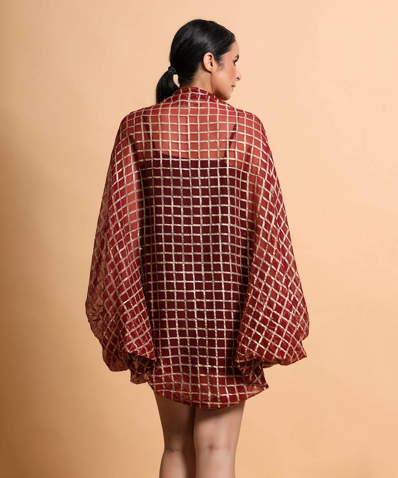 Deep Red Cubic Print Cape 