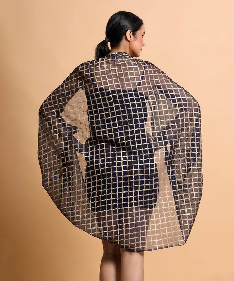 Navy Cubic Print Cape 