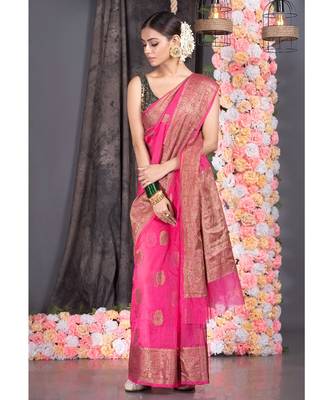 pink silk organza saree with antique zari border pallu 1