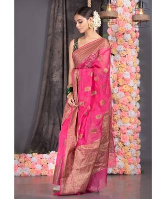 pink silk organza saree with antique zari border pallu 2