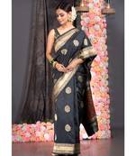 black chanderi silk saree with golden border and phulkari pallu