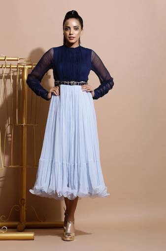 Navy And Sky Blue Midi Dress 