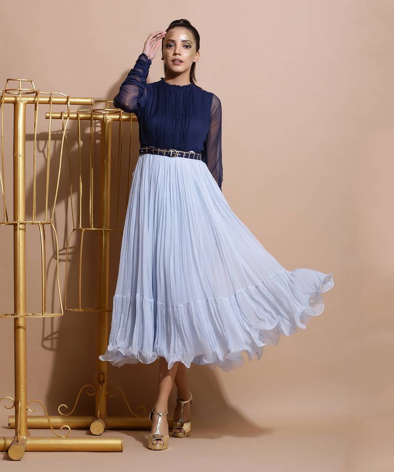 Navy And Sky Blue Midi Dress 