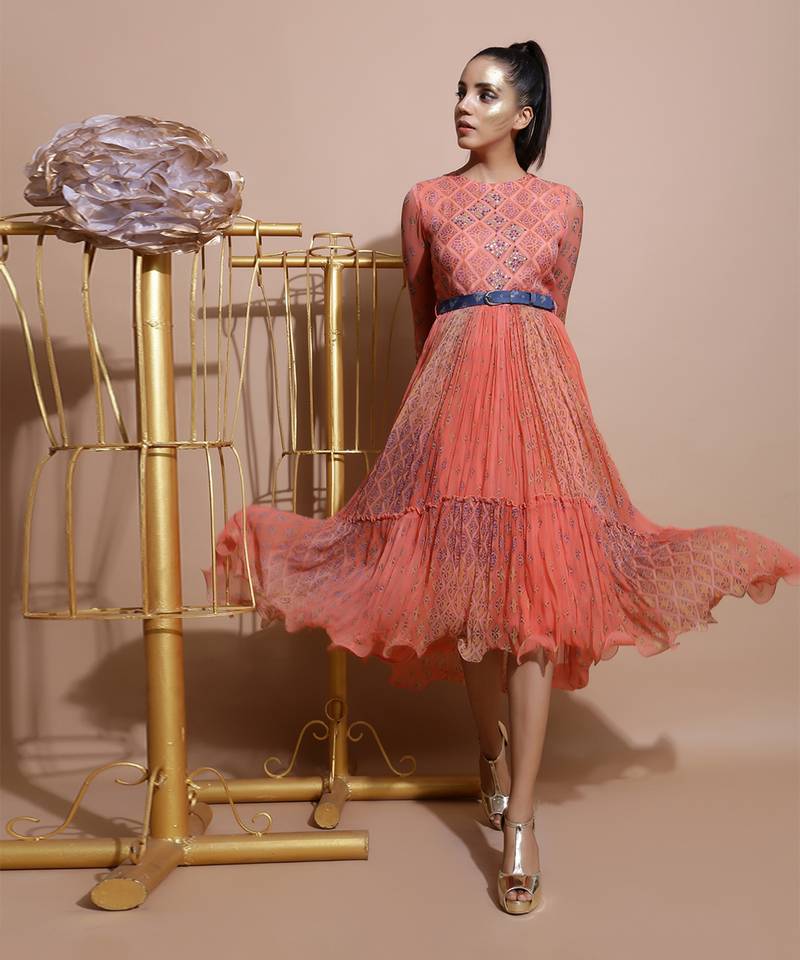 Salmon Burfee Tier Midi Dress 