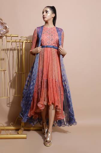 Salmon Burfee Tier Midi Dress With Jacket