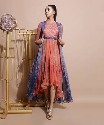 Salmon Burfee Tier Midi Dress With Jacket 1