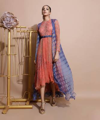 Salmon Burfee Tier Midi Dress With Jacket 2