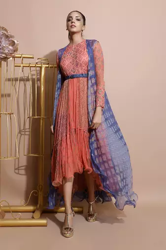 Salmon Burfee Tier Midi Dress With Jacket