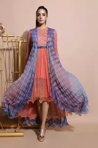Salmon Burfee Tier Midi Dress With Jacket