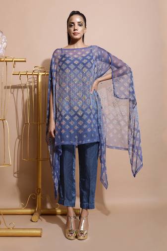 Indigo Blue Burfee Print Cape Set