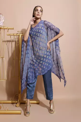 Indigo Blue Burfee Print Cape Set