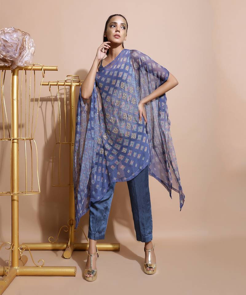 Indigo Blue Burfee Print Cape Set