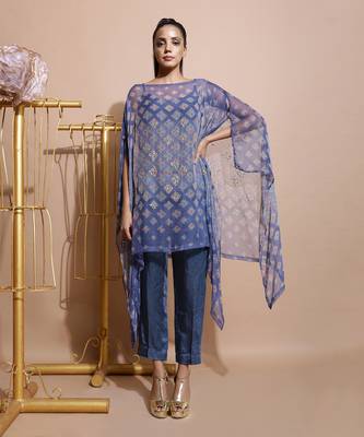 Indigo Blue Burfee Print Button Cape 1