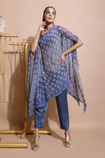 Indigo Blue Burfee Print Button Cape