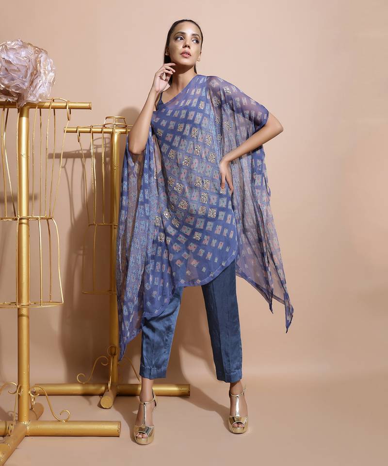 Indigo Blue Burfee Print Button Cape