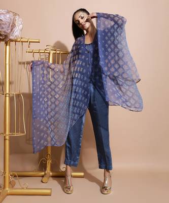Indigo Blue Burfee Print Button Cape 3