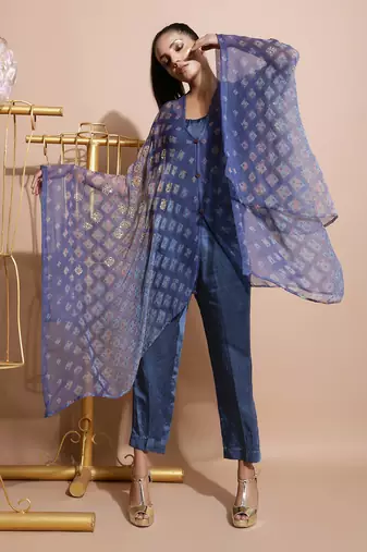 Indigo Blue Burfee Print Button Cape