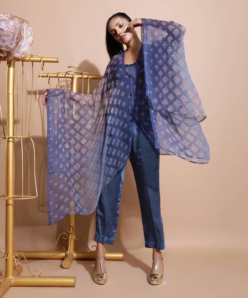 Indigo Blue Burfee Print Button Cape