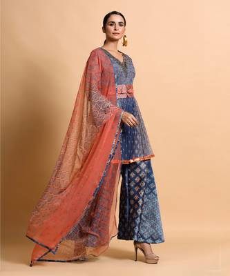 Indigo Blue Burfee Print Embroidered Pant Set 1