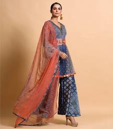 Indigo Blue Burfee Print Embroidered Pant Set