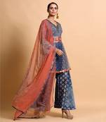 Indigo Blue Burfee Print Embroidered Pant Set