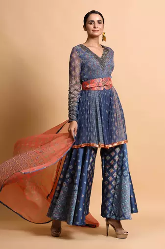 Indigo Blue Burfee Print Embroidered Pant Set