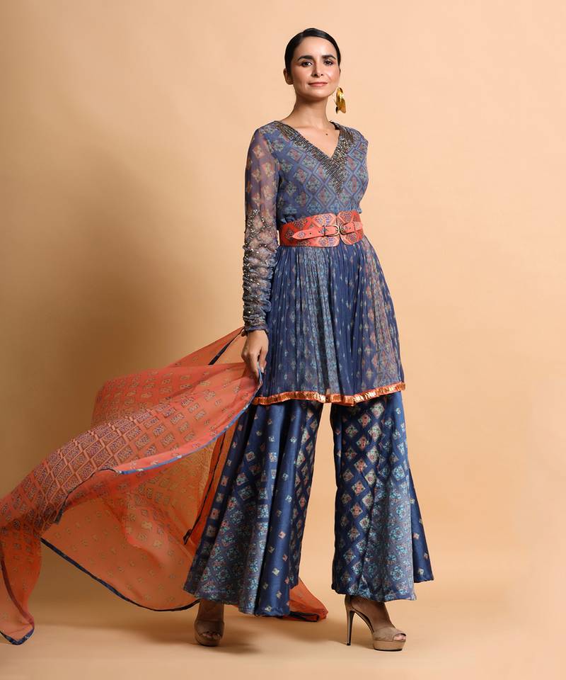 Indigo Blue Burfee Print Embroidered Pant Set