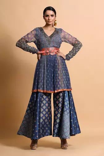 Indigo Blue Burfee Print Embroidered Pant Set